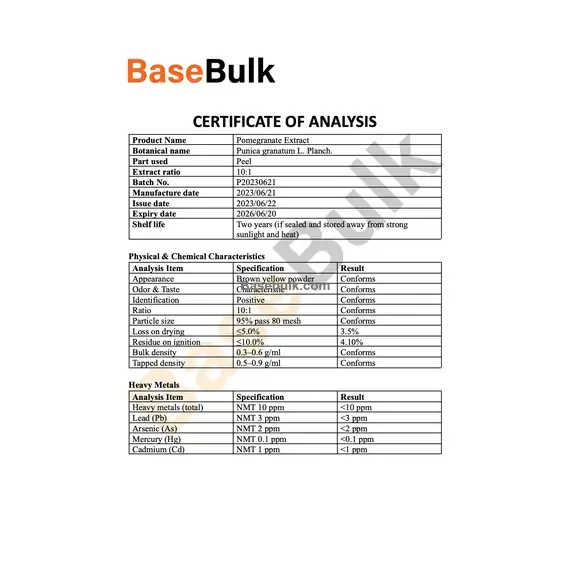 Pomegranate extract 10:1 brown yellow powder specification sheet RM0000328