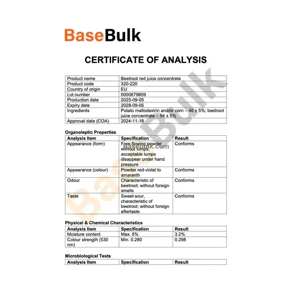 Beetroot powder organoleptic and microbiological specification sheet RM0000332