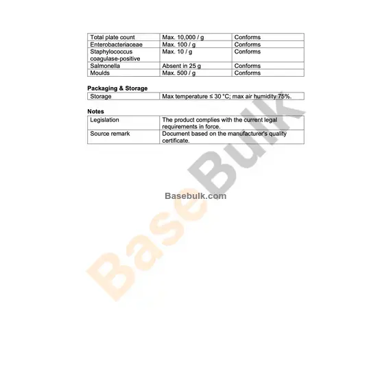Beetroot powder organoleptic, microbiological and storage specification sheet