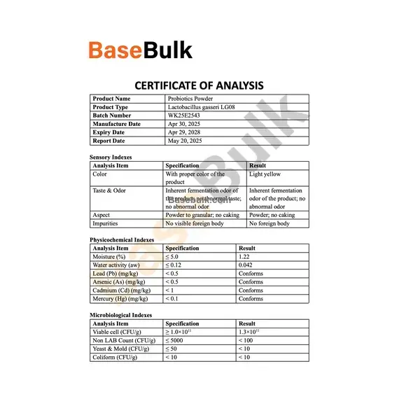 Lactobacillus gasseri 100B CFU/g sensory, physicochemical and microbiological specification sheet