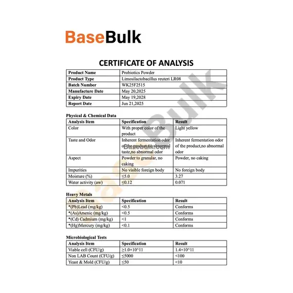 Lactobacillus reuteri 100B CFU/g product specification screenshot