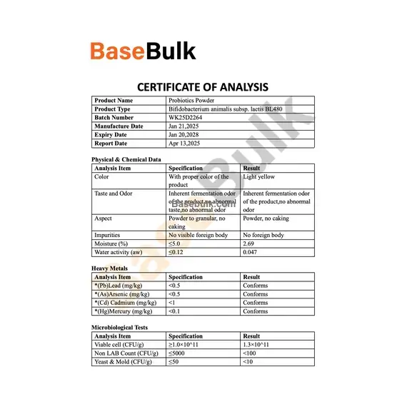 Bifidobacterium lactis 100B CFU/g powder specification data RM0000339