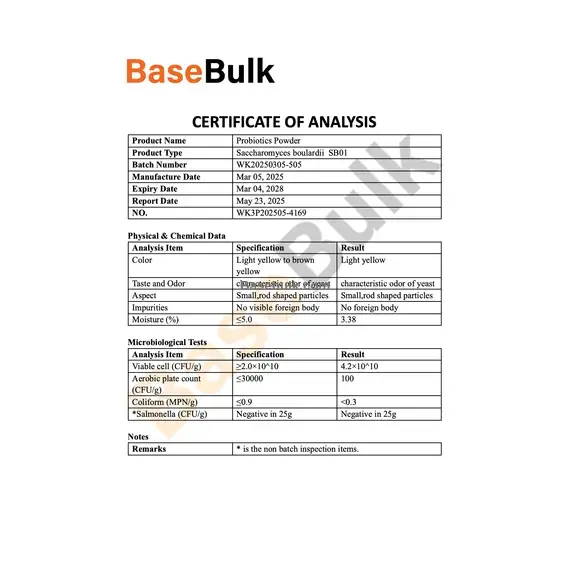 Saccharomyces boulardii 20B CFU/g physical and microbiological specification sheet