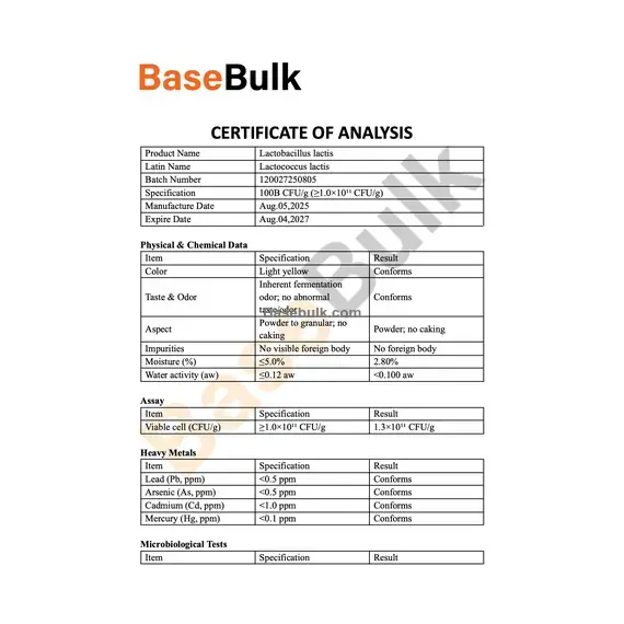 Lactococcus lactis 100B CFU/g powder specification sheet RM0000342