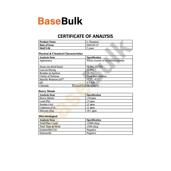 L-theanine white crystals or crystalline powder specification sheet