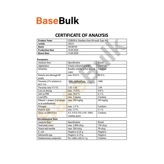 Xanthan gum specification sheet with analysis and microbiological test results