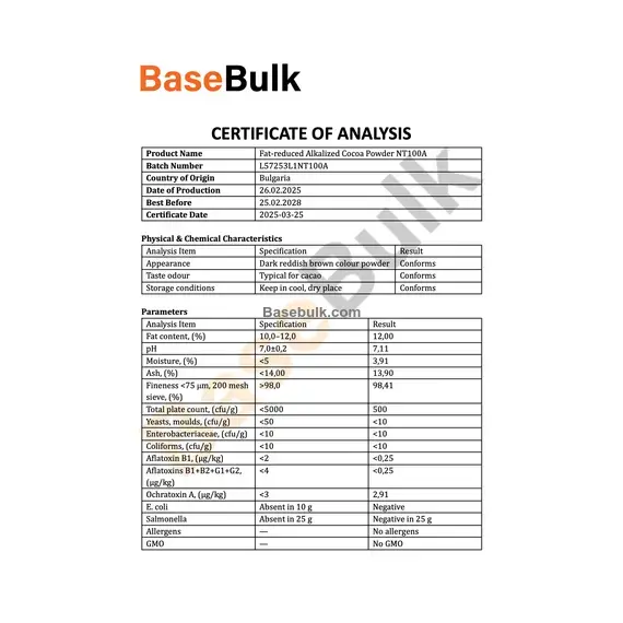 Cocoa powder specification sheet with physical, chemical and microbiological analysis