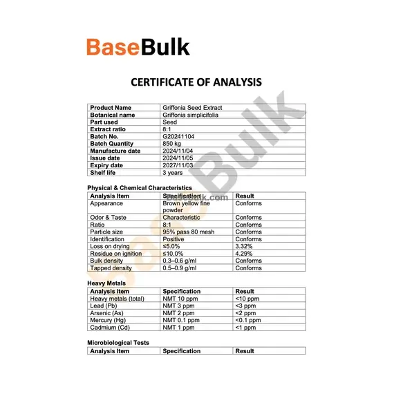 Griffonia seed extract 8:1 brown yellow fine powder specification