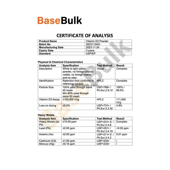 Vitamin D3 Cholecalciferol 100,000 IU/g product specification sheet