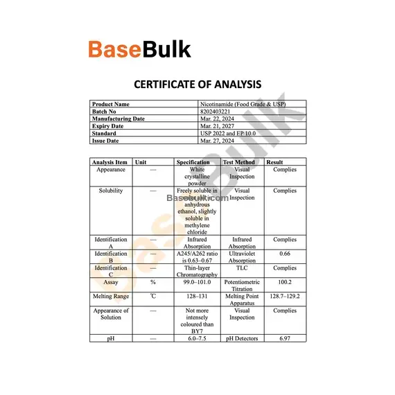 Vitamin B3 (Nicotinamide) analysis specification sheet RM0000386