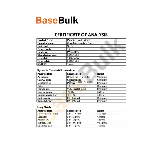 Pumpkin seed extract 10:1 brown yellow powder specification sheet