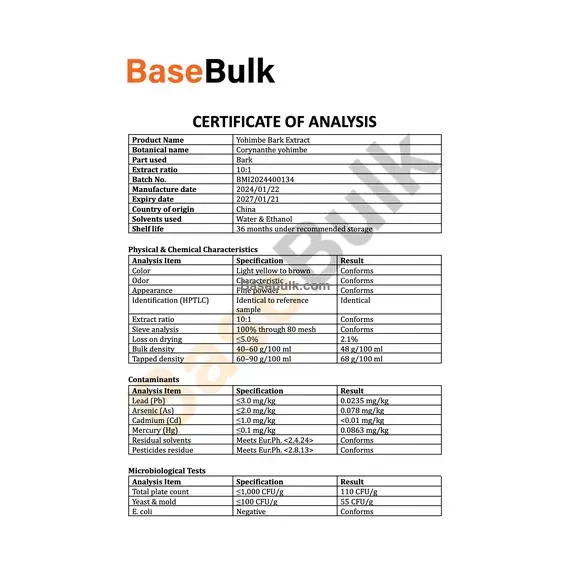 Yohimbe extract 10:1 fine powder specification sheet RM0000397