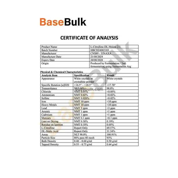 L-Citrulline Malate 2:1 specification sheet with physical, chemical, and microbiological analysis