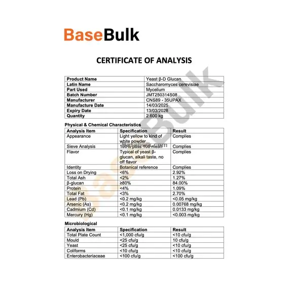 Yeast β-D Glucan beta-glucan 1,3/1,6 specification sheet RM0000407