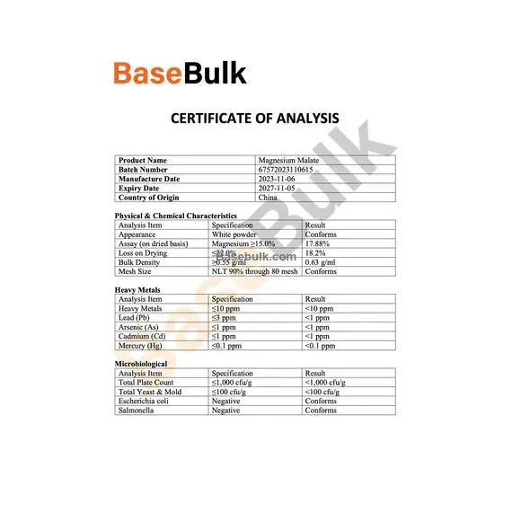Magnesium malate 15% specification analysis sheet, RM0000414
