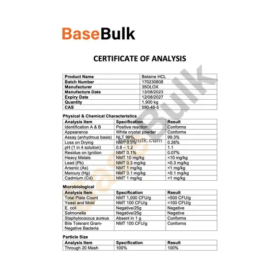 Betaine HCl product specification sheet with analysis and 25 kg drum packing