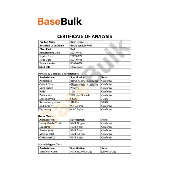 Birch leaves extract 10:1 Betula pendula brown yellow fine powder