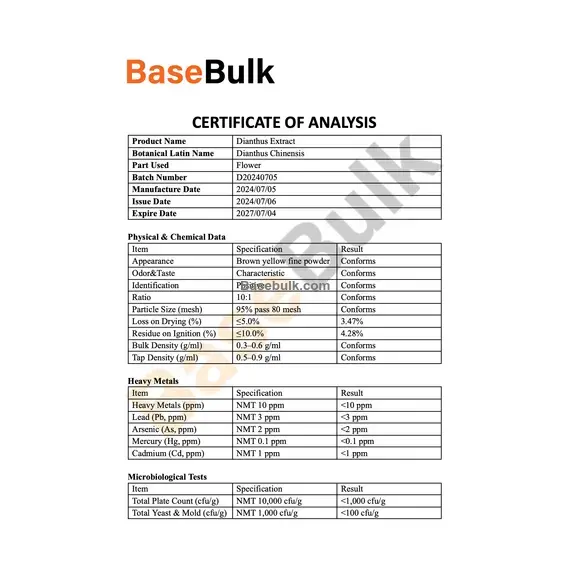 Dianthus Extract 10:1 specification sheet, RM0000452