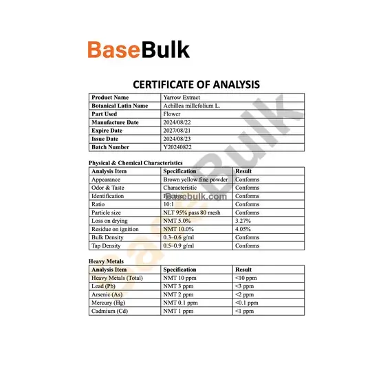 Yarrows Extract 10:1 specification sheet for RM0000453