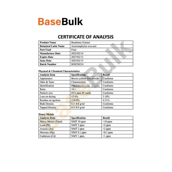 Bearberry extract 10:1 brown yellow fine powder specification sheet