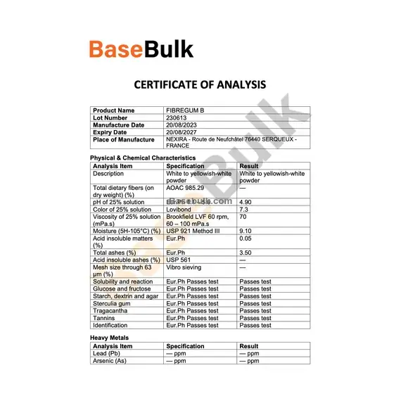 Fibregum B physical and chemical characteristics specification sheet