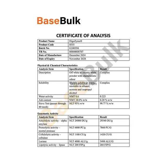 DigeZyme product specification analysis sheet
