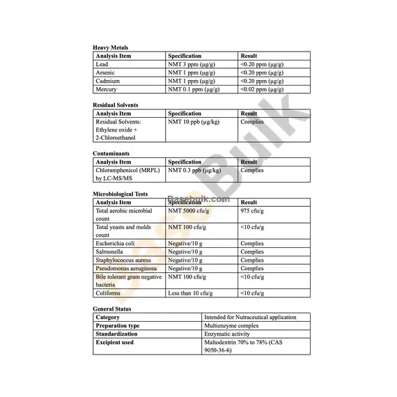 DigeZyme physical and chemical characteristics specification sheet