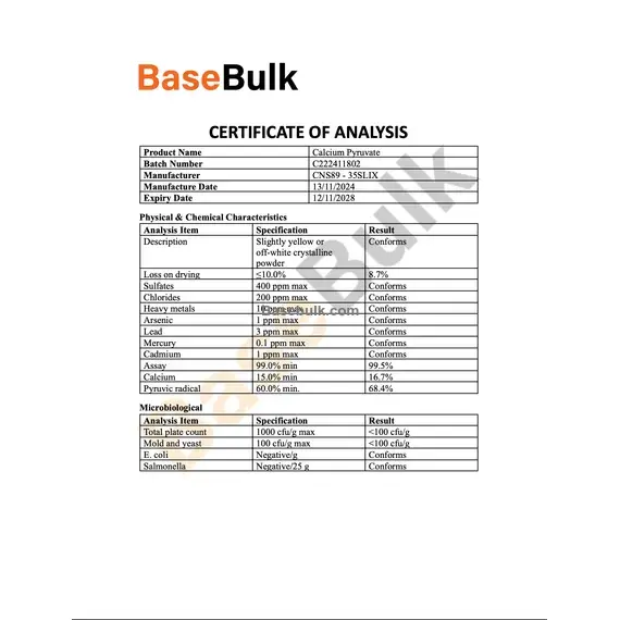 Calcium Pyruvate specification and analysis sheet