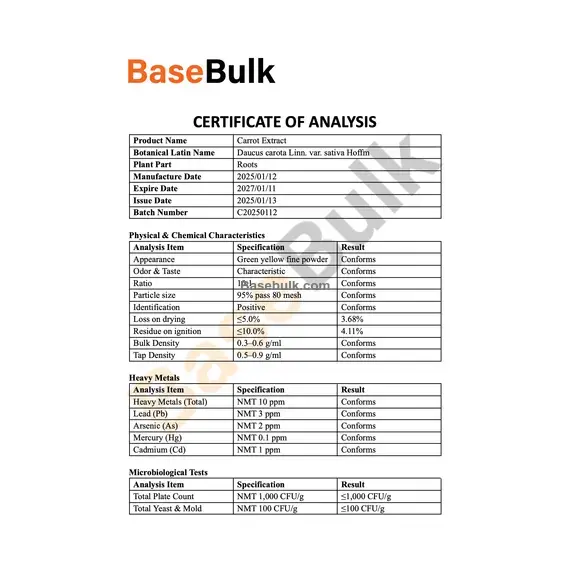 Carrot root extract 10:1 specification sheet RM0000468