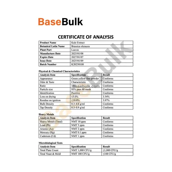 Kale extract 10:1 green yellow fine powder specification sheet