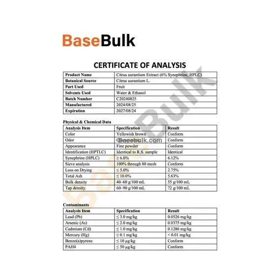 Bitter Orange Extract 6% Synephrine HPLC fine powder specification