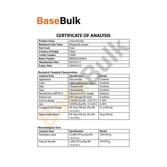 Anise Fruit Powder physical and chemical specification sheet