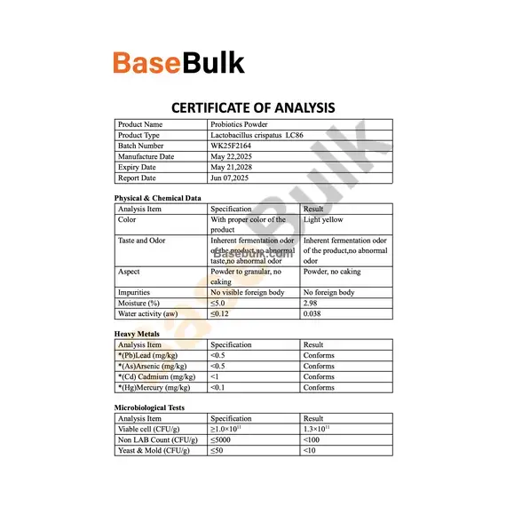 Lactobacillus Crispatus 100B CFU/g physical and chemical analysis specifications