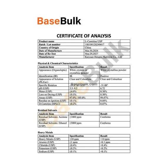 L-Carnitine physical and chemical specification sheet, RM0000477
