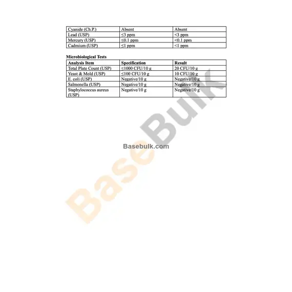 L-Carnitine specification sheet with physical, chemical, heavy metals, and microbiological analysis