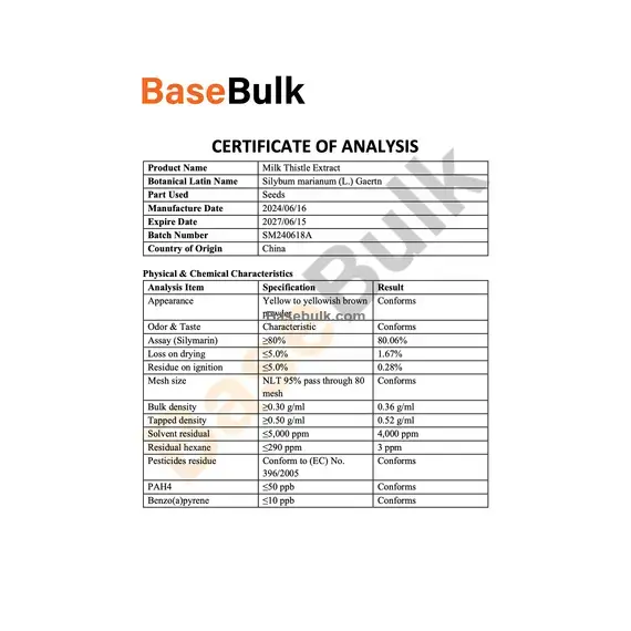 Milk Thisle Exctract 25:1 80% Silymarin specification sheet