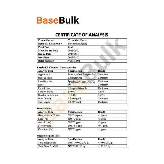 Yerba Mate Extract 10:1 physical and chemical specification sheet