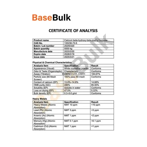 Hydroxymethylbutyrate 99% HMB physical and chemical specification sheet