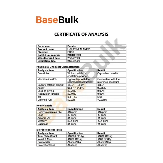 L-Phenylalanine physical and chemical characteristics specification sheet RM0000489