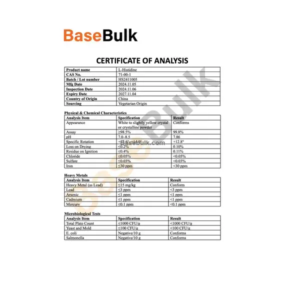 L-Histidine physical and chemical characteristics specification sheet