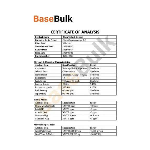 Black Cohosh Extract 10:1 brown yellow fine powder specification sheet