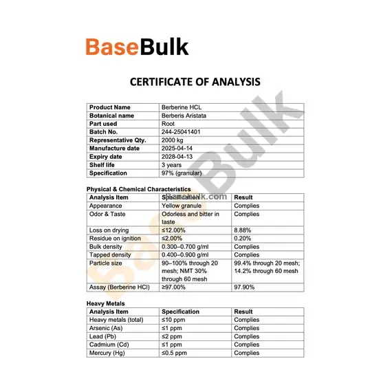 Berberine 97% HCL Granulat-Spezifikationsblatt, RM0000496