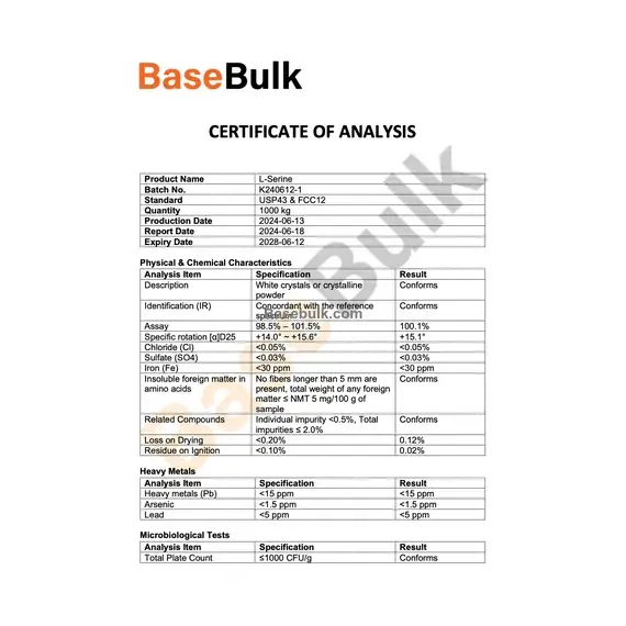 L-Serine product specification sheet with physical, chemical, heavy metals, and microbiological analysis