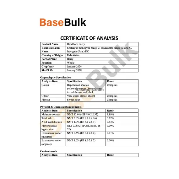 Hawthorn Berry FRUIT organoleptic and specification sheet RM0000502