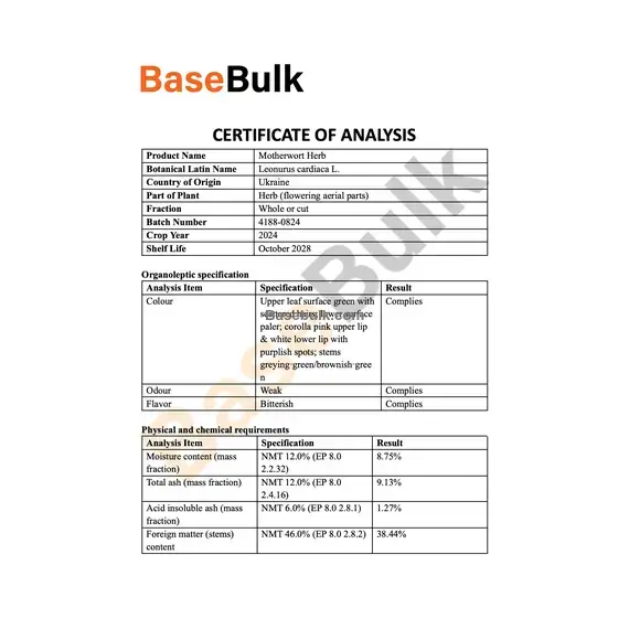 Motherwort herb organoleptic specification details