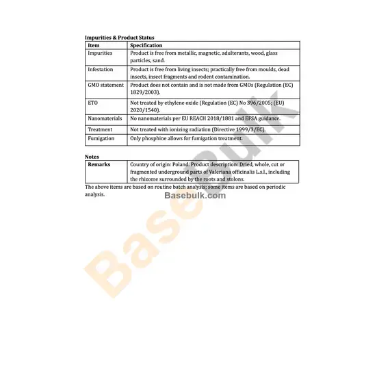Valerian Root CUT product specification and test data