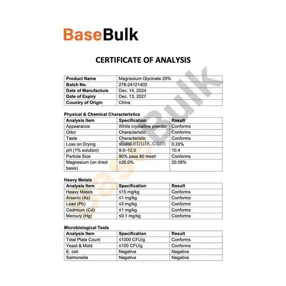 Magnesium Glycinate 20% specification sheet with analysis and packaging details