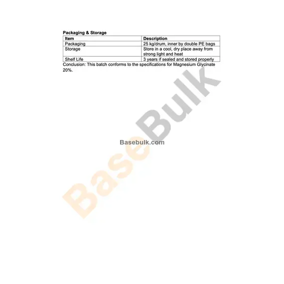 Magnesium Glycinate 20% specification sheet with analysis and packaging details