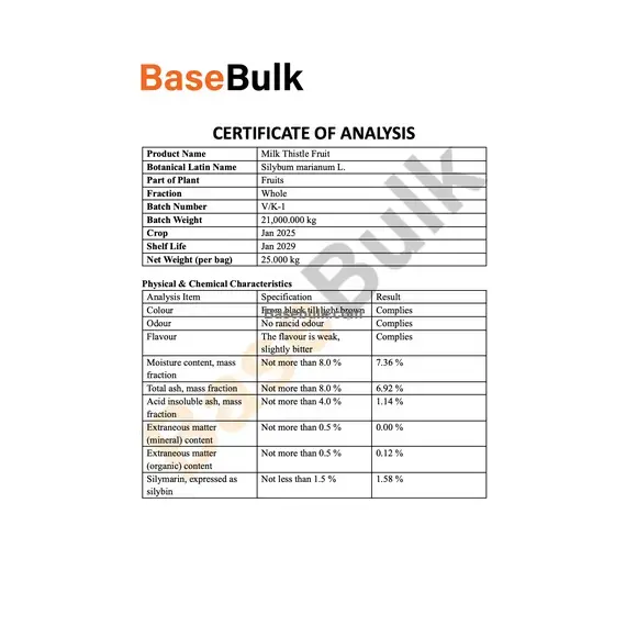 Milk Thistle FRUIT physical and chemical characteristics specification sheet