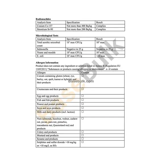 Milk Thistle FRUIT physical and chemical specification sheet
